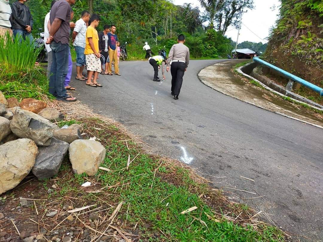 Kepolisian Pasaman sedang melakukan olah TKP kecelakaan bus yang membawa rombongan pesta pernikahan Jorong Simpang Tigo, Nagari Simpang, Kecamatan Simpang Alahan Mati, Pasaman, Rabu (19/5)