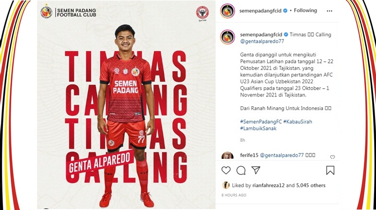 pemanggilan Genta Alparedo ke Timnas di IG (Captured SPFC IG)