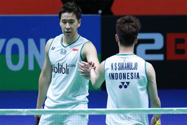 Marcus Fernaldi/Kevin Sanjaya, lolos ke semifinal All England 2022. (PSSI)